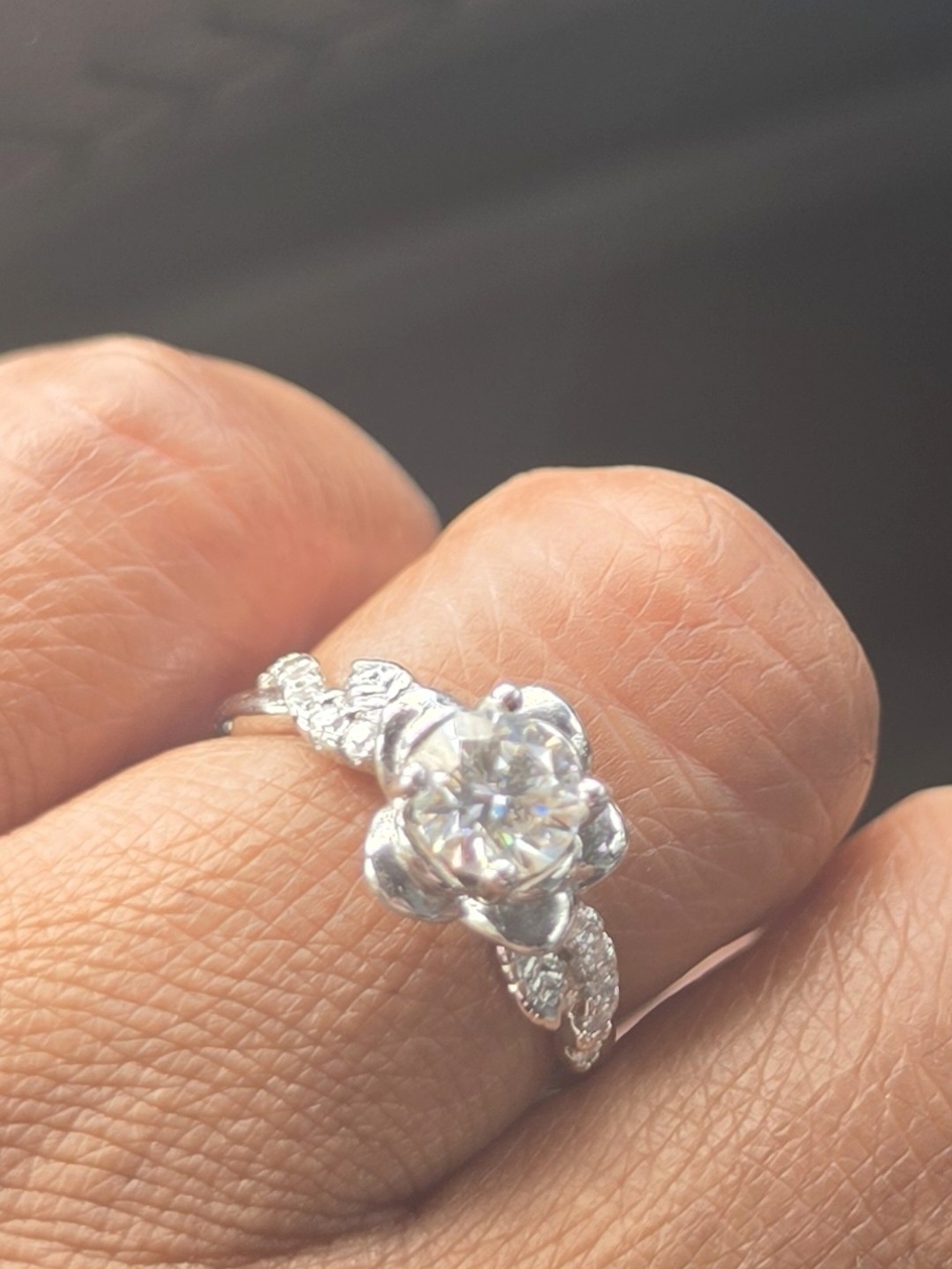 Silver Floral Halo Solitaire Ring with Clear Center Stone